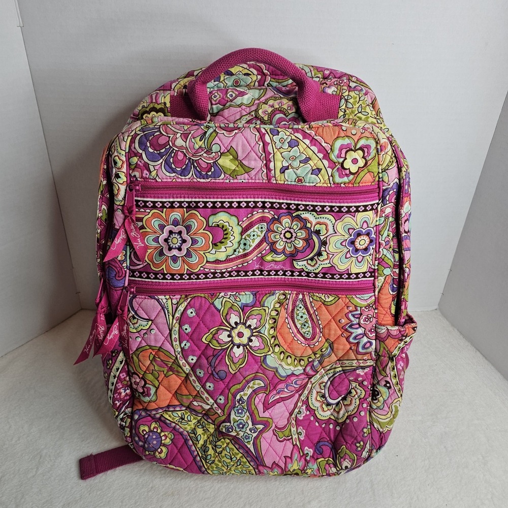 Vera Bradley Women's Campus Backpack Pink Orange Paisley Quilted Large Pockets